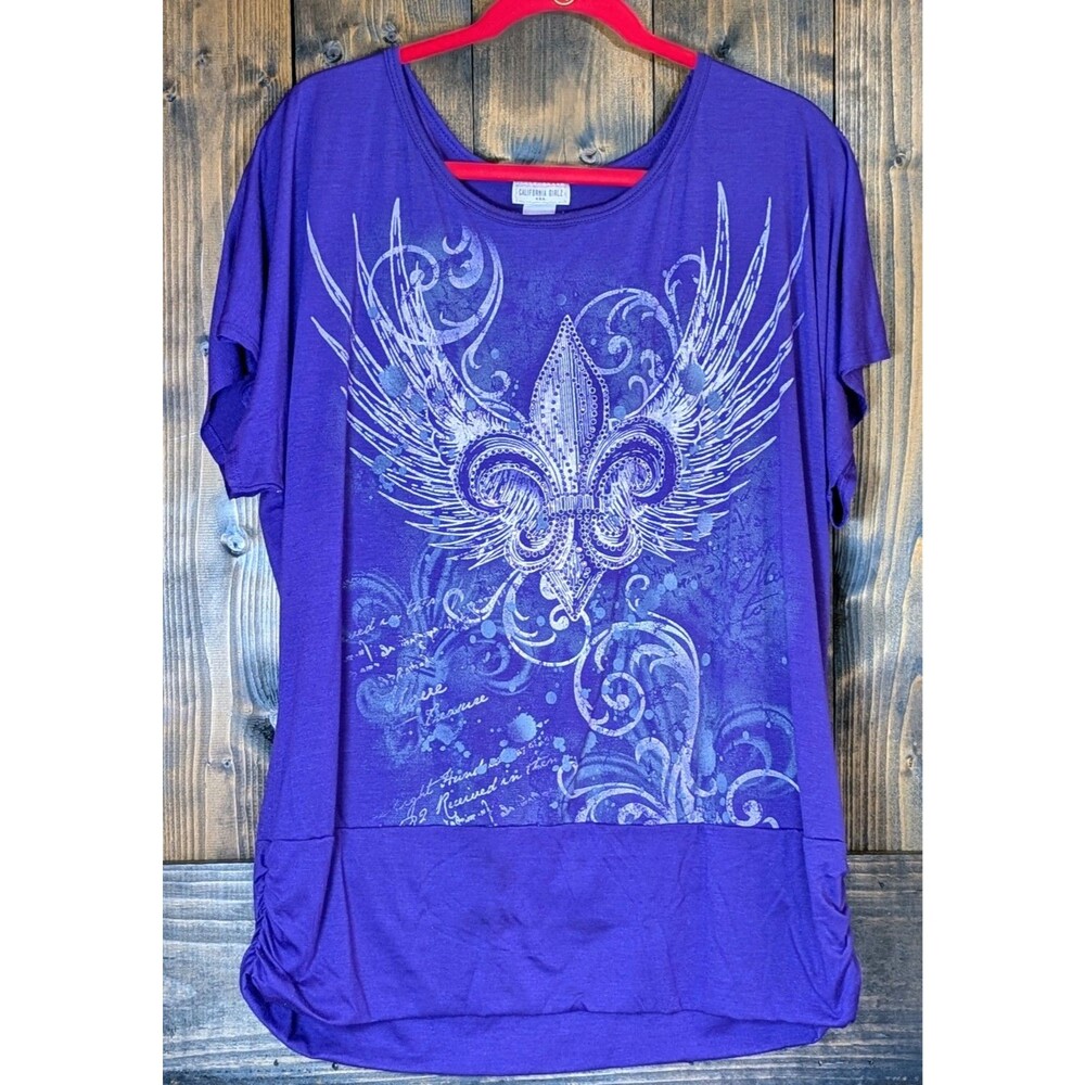 California Girlz Purple Graphic T-Shirt Womens 2X Fleur De Lis Shredded Back
